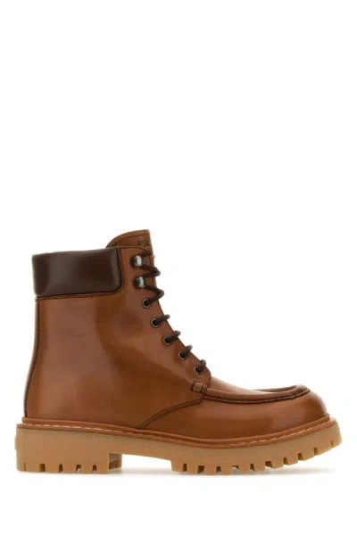 PRADA CARAMEL LEATHER ANKLE BOOTS