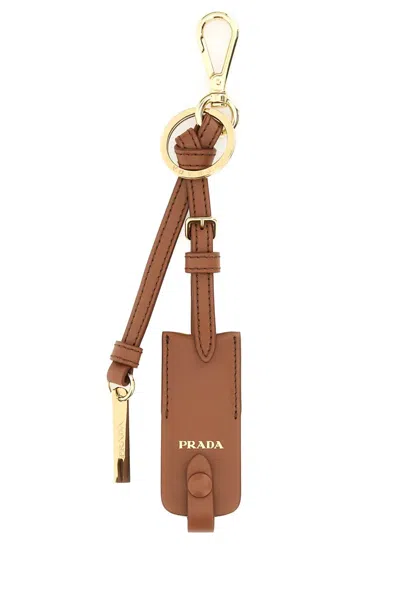 Prada Caramel Leather Key Ring In Orange