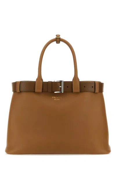 Prada Buckle Large Leather Handbag In Brown