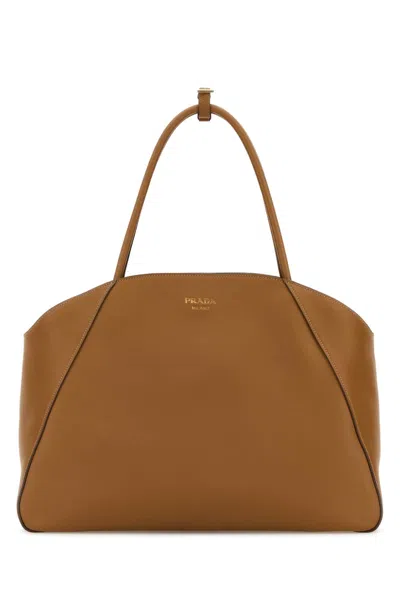 Prada Leather Shopping Bag With Structured Shape And Top Handles In Brown
