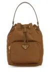 Prada Caramel Re-nylon Duet Bucket Bag In Brown