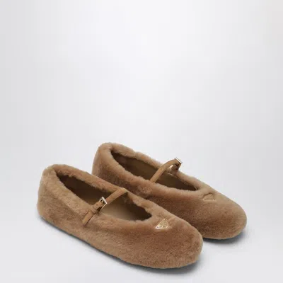 Prada Caramel Shearling Ballerinas In Brown