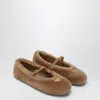 Prada Shearling Flat Ballerina Shoes With Buckle Strap In Brown
