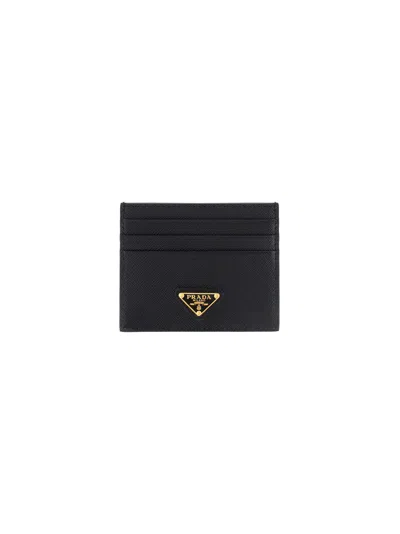 Prada Black Logo-plaque Saffiano Leather Card Holder In Nero