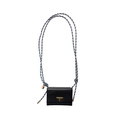Prada Card Holder With Leather Shoulder Strap In Black