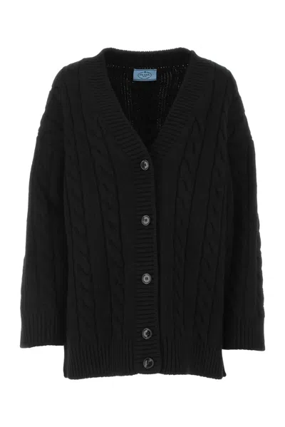 Prada Cable-knit Wool Blend Cardigan In Black