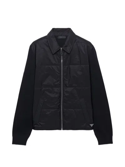 Prada Cardigan In Wool Gabardine And Re-nylon In Black