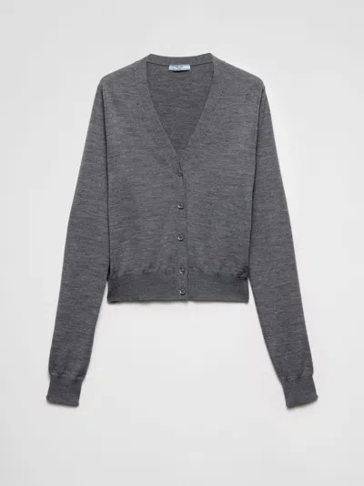 Prada V-neck Lightweight Knit Wool Cardigan In Gray