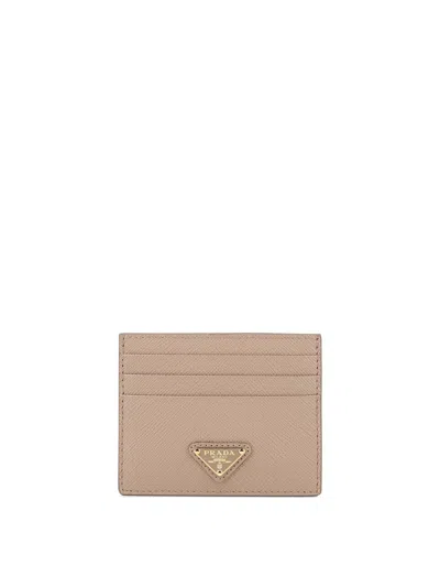 Prada Triangle Logo Cardholder In Saffiano Leather In Brown