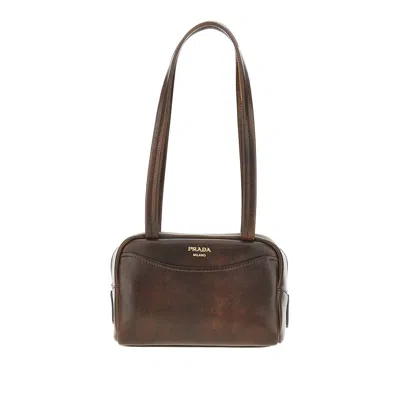 Prada Carry Mini Antique Leather Bowling Bag In Brown