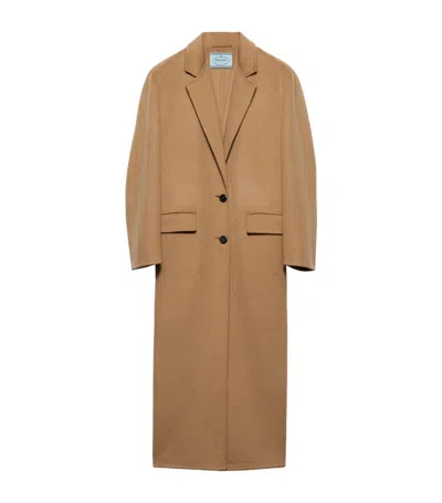 Prada Long Cashgora Single Breast Coat In Brown