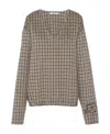 Prada Check Pattern V-neck Angora-virgin Wool Blend Top In Nude