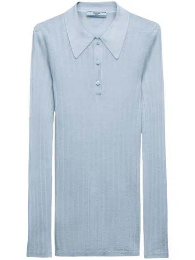 Prada Cashmere And Silk Polo Shirt In Azzurro