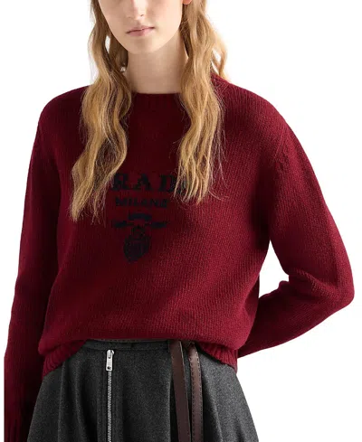 Prada Cashmere And Wool Logo Crew-neck Sweater In Burgundy