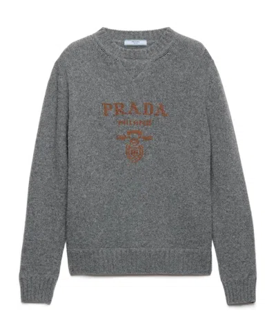 Prada Cashmere And Wool  Logo Crew-neck Sweater In Gray