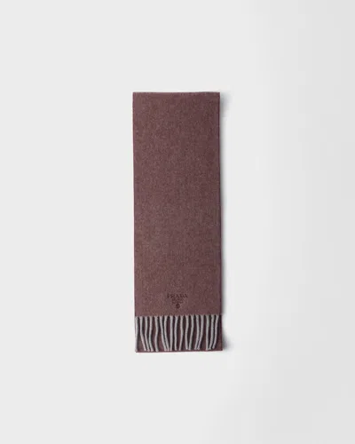 Prada Embroidered-logo Fringe Scarf In Brown