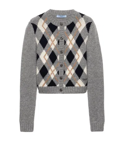 Prada Cashmere Argyle Cardigan In Gray