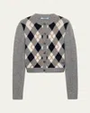 Prada Cashmere Argyle Crewneck Cardigan In Multi