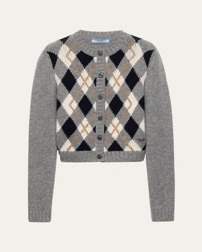 Prada Cashmere Argyle Crewneck Cardigan In Multi
