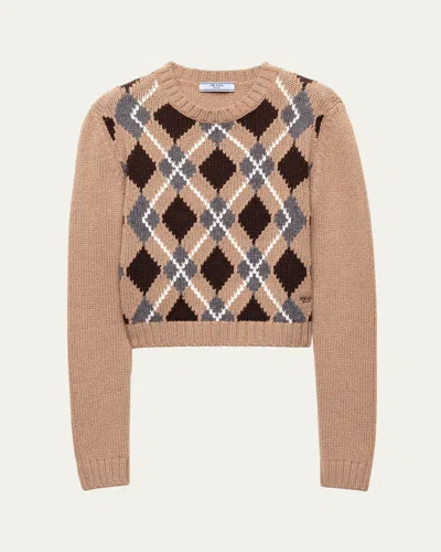 Prada Cashmere Argyle Crewneck Sweater In Brown