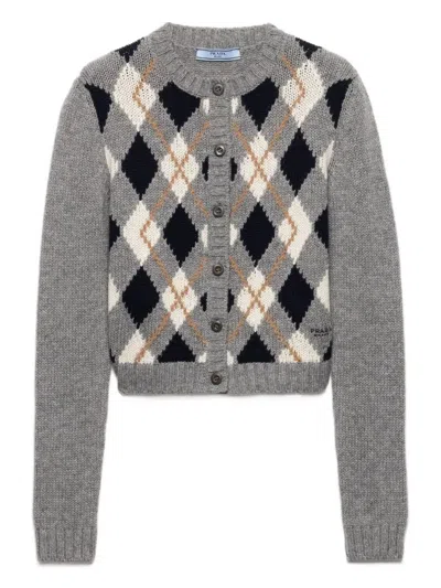PRADA CASHMERE ARGYLE KNIT CARDIGAN