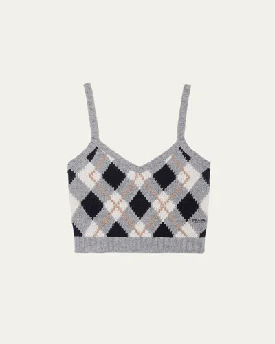 Prada Cashmere Argyle Knit Crop Tank Top In Gray