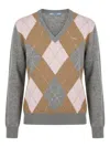 Prada Argyle-pattern V-neck Cashmere Sweater In Gray