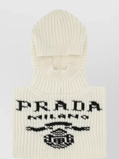 Prada Cashmere Balaclava With Folded Brim And Logo Placement In White