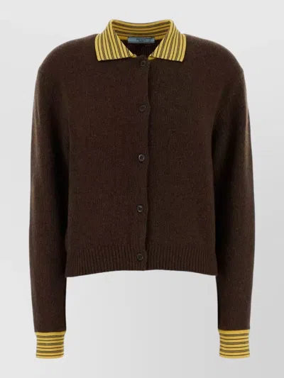 Prada Cashmere Blend Cardigan Contrast Collar In Brown