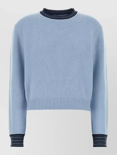 Prada Cashmere Blend Sweater Long Sleeves Contrast Neckline In Blue