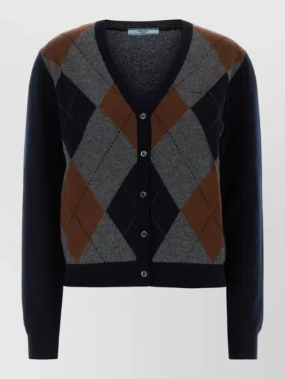 Prada Cashmere Cardigan Argyle Pattern V Neck In Animal Print