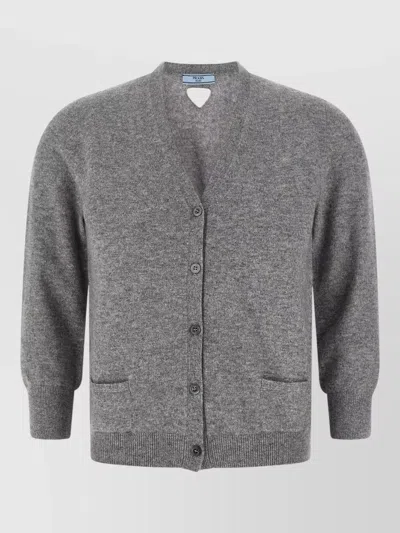 Prada Cashmere Cardigan V Neckline Ribbed Trim In Gray