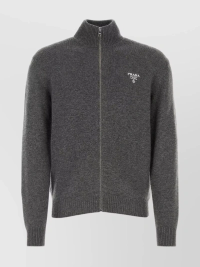 Prada Cashmere Cardigan With Mock Turtleneck And Ribbed Trims In Grey