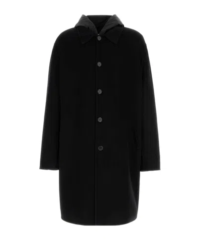 Prada Luxe Cashmere Coat With Hood And Pockets In Black