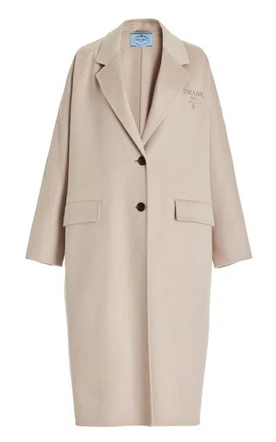 Prada Logo-embroidery Cashmere Coat In Neutral