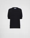Prada Cashmere Ribbed Crew-neck Sweater With Short Sleeves In Navy