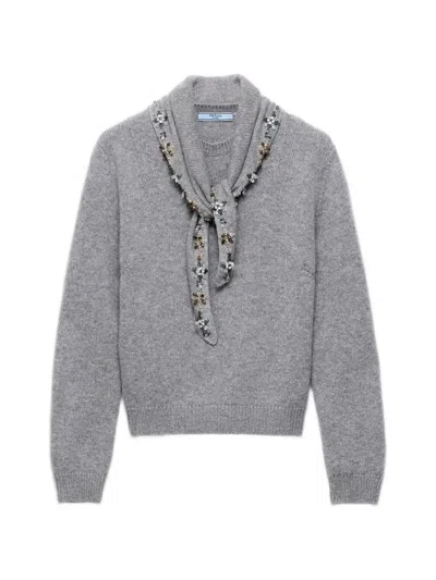Prada Grey Cashmere Sweater With Jeweled Scarf In Animal Print