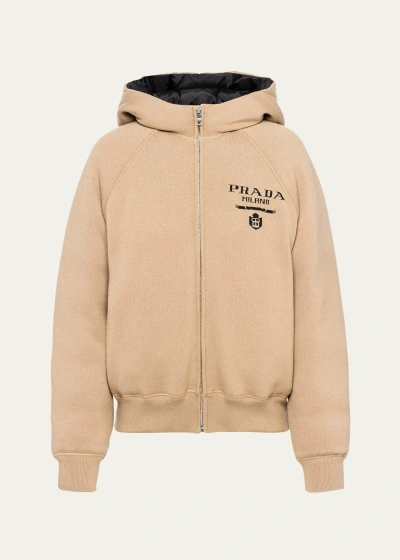Prada Cashmere Hooded Sweatshirt With Logo Detail In Cammello