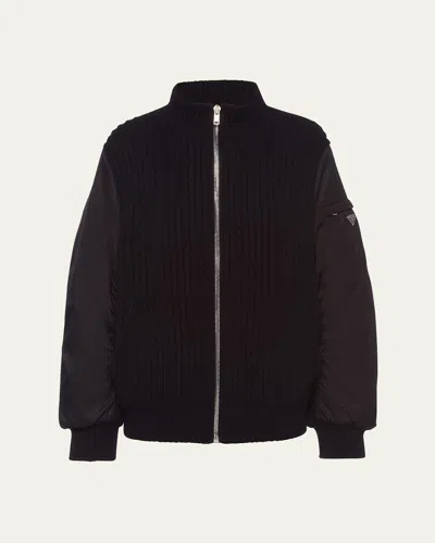 Prada Cashmere Knit Bomber Jacket With Nylon Sleeves In Nero