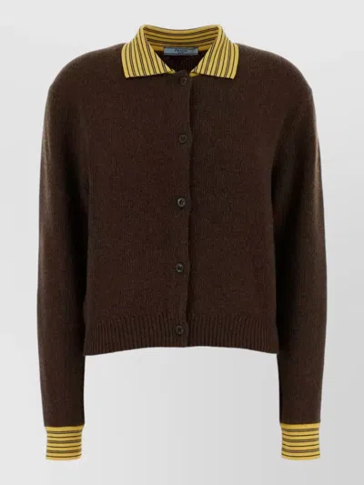 Prada Cashmere Knit Sweater Striped Collar Detail In Brown
