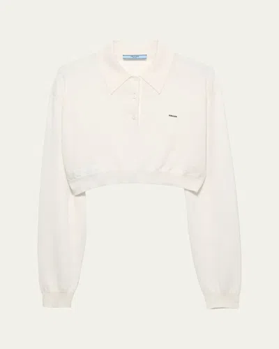 Prada Womens White Long-sleeved Cropped Cashmere Polo Shirt In Neutral