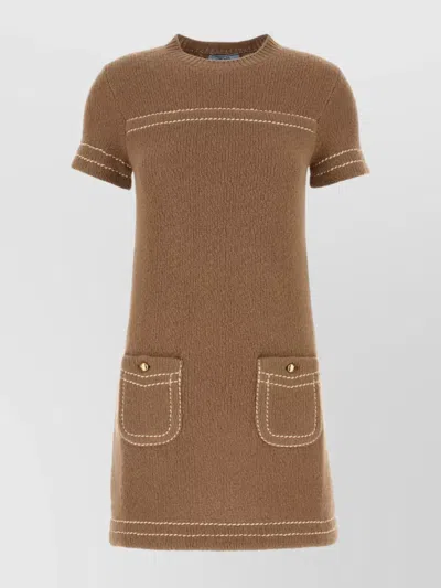 Prada Womens Brown Triangle-logo Cashmere Knitted Mini Dress