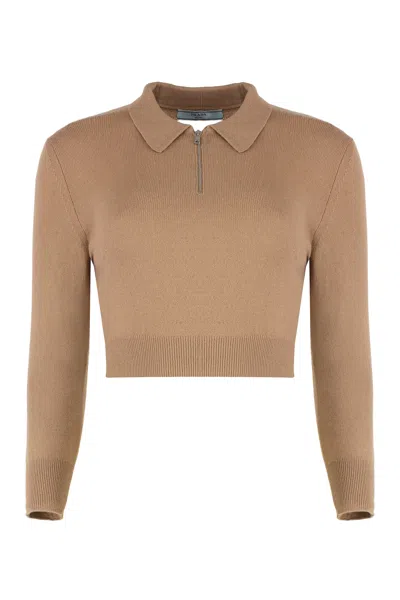 Prada Cashmere Polo Sweater In Brown