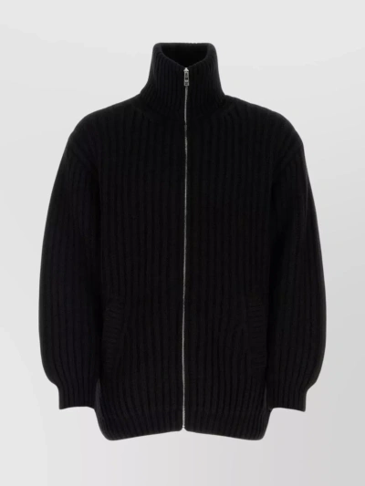 Prada Cashmere Ribbed Knit Cardigan With Funnel Neck In Black