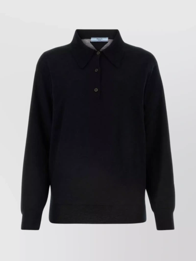 Prada Long-sleeved Knitted Polo Shirt In Black