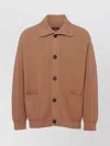 Prada Cashmere Ribbed Texture Cardigan With Patch Pockets In Brown