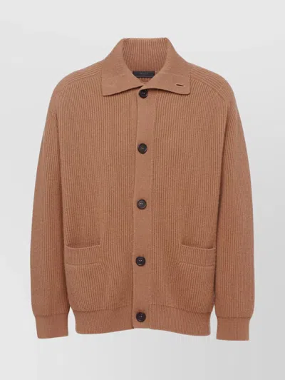 PRADA CASHMERE RIBBED TEXTURE CARDIGAN WITH PATCH POCKETS