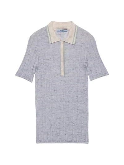 Prada Cashmere, Silk And Linen Polo Sweater In Blue