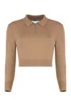 Prada Cutout Cropped Cashmere Polo Sweater In Brown