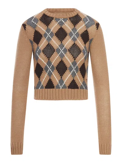 Prada Cashmere Sweater With Geometric Pattern In Brown